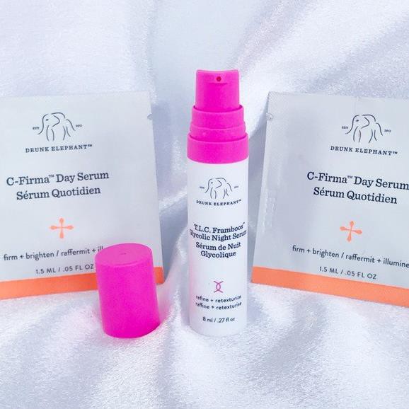 Serum chống lão hóa, tẩy da chết, mờ thâm Drunk Elephant T.L.C Framboos Glycolic Night Serum Minisize 5ml