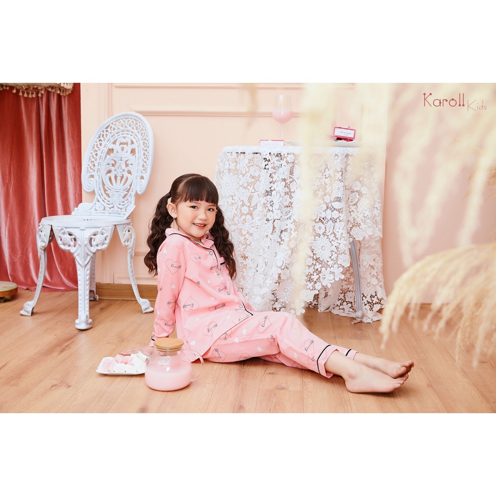 Bộ đồ Pijama mặc nhà Karoll cho bé, SET đồ ngủ lụa SATIN mềm mịn thoáng mát dáng dài thu đông ấm áp, họa tiết tim