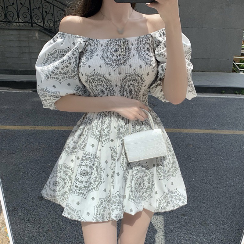 Đầm Búp Bê Tay Ngắn Hở Vai Xếp Ly Cổ Điển Thời Trang Phong Cách Hàn Quốc Cho Nữ