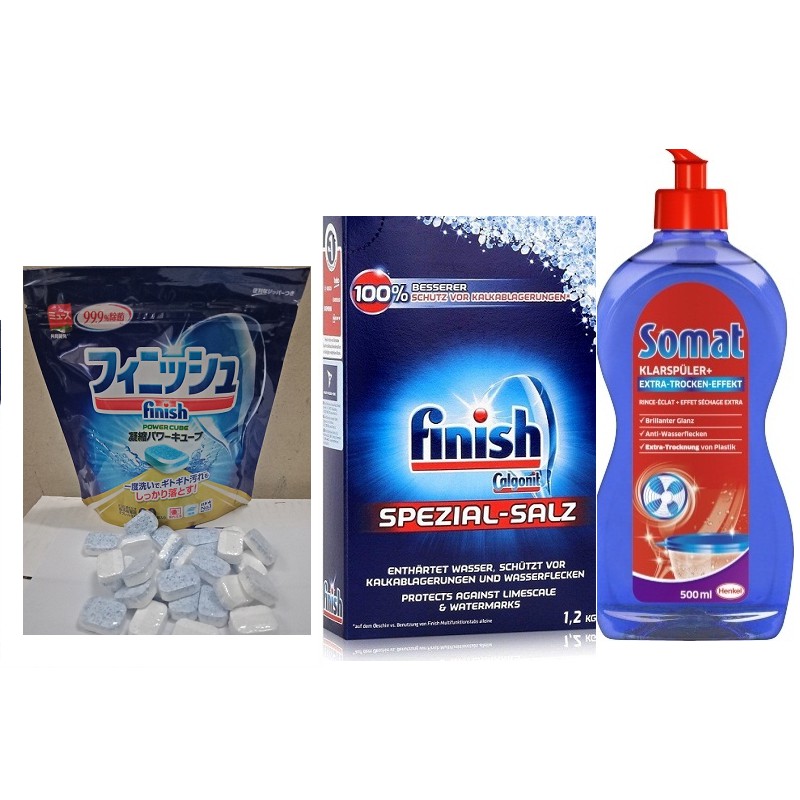 Bộ viên rửa bát finish 60 viên Muối rửa bát Finish1,2kg và nước làm bóng Somat 500ml