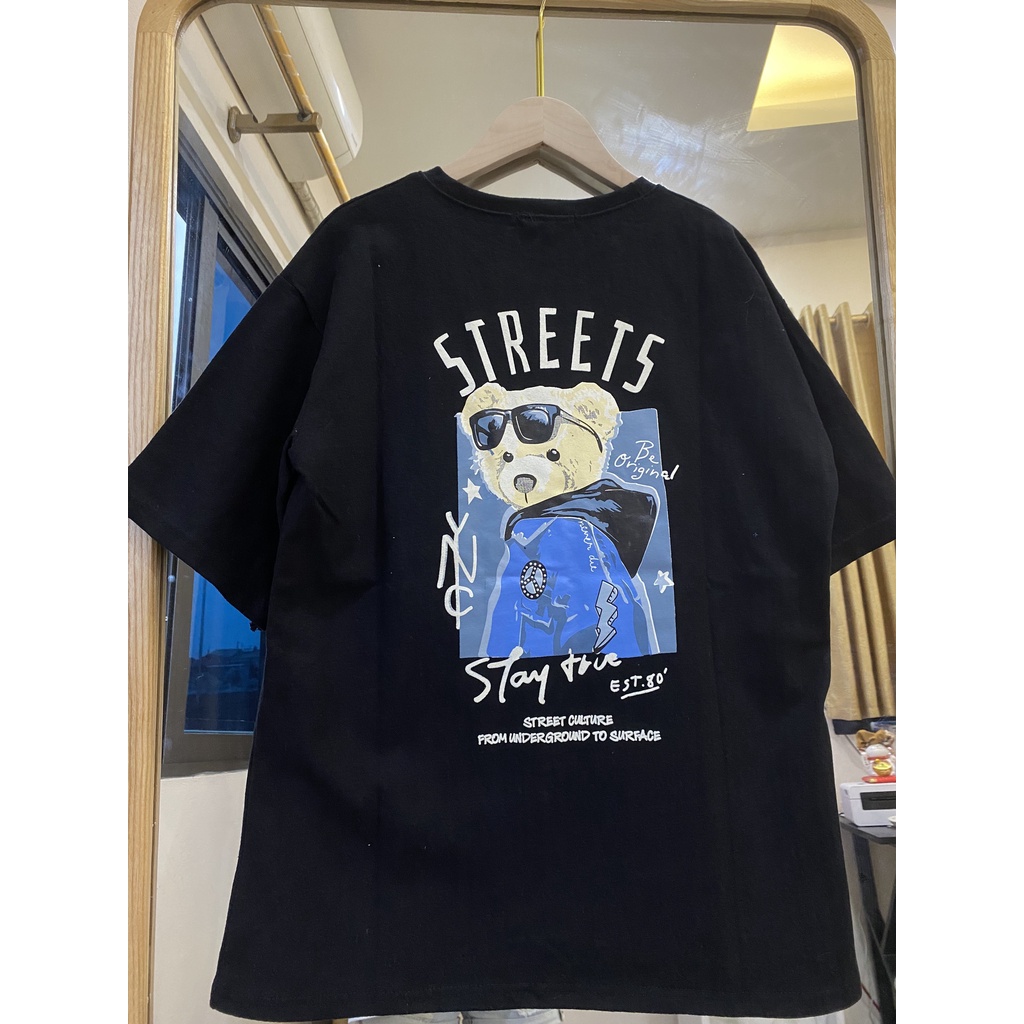 Áo phông 3158 in hình gấu Streets chất tuyết nhung unisex cho nam và nữ, áo đôi nam nữ