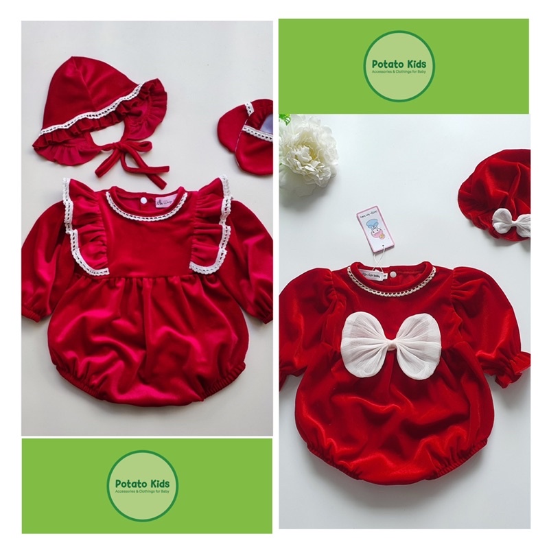 Bodychip Nhung Cánh Tiên, Bodysuit Nhung Đỏ Nơ, Bộ Liền Chất Nhung Cao Cấp Cho Bé