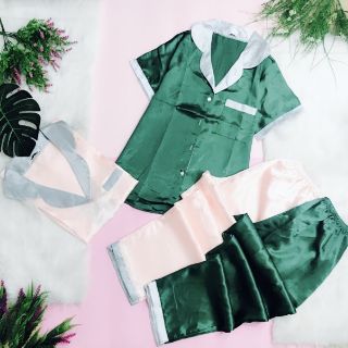 PHI LỤA PIJAMA QUẦN DÀI TAY NGẮN PHỐI