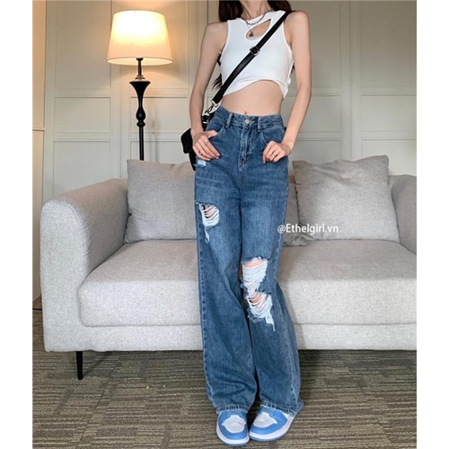 Quần jeans Nữ Lưng Cao Ống Rộng Rách Gối Thời Trang Hàn Quốc