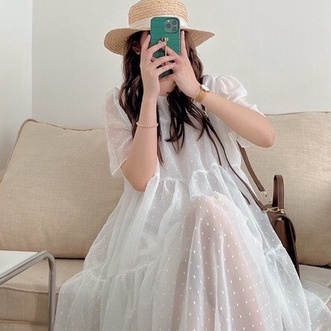 Váy babydoll dáng dài, đầm nữ cộc tay phom rộng dáng suông họa tiết chấm bi 2 lớp freesize  hàn quốc Wikishop C1031