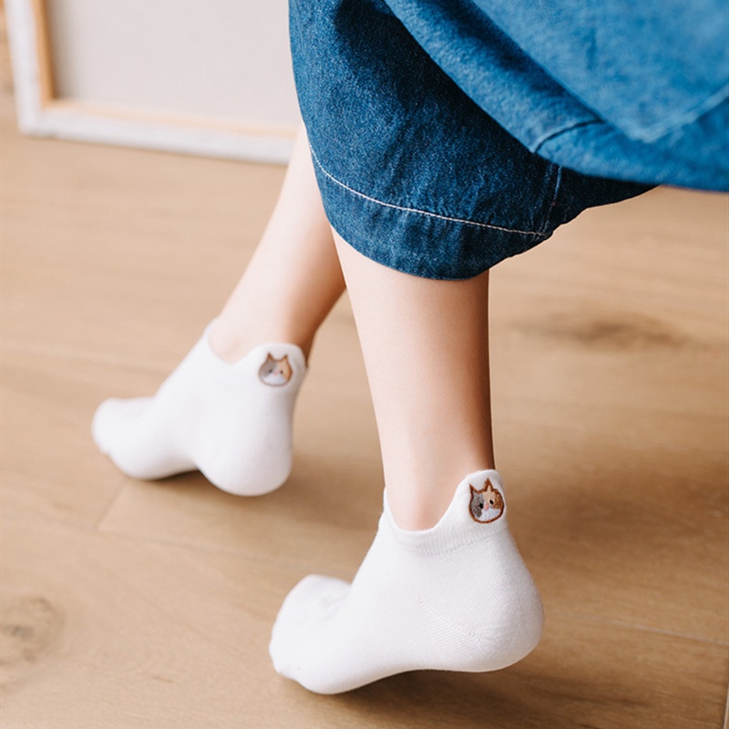 1 Đôi Vớ Cotton Cổ Thấp Thoáng Khí Thêu Họa Tiết Mèo Hoạt Hình Dễ Thương Thời Trang Xuân Hè Cho Nữ