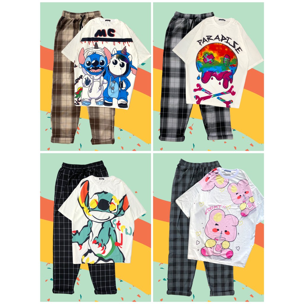 Set quần baggy áo thun cartoon dễ thương