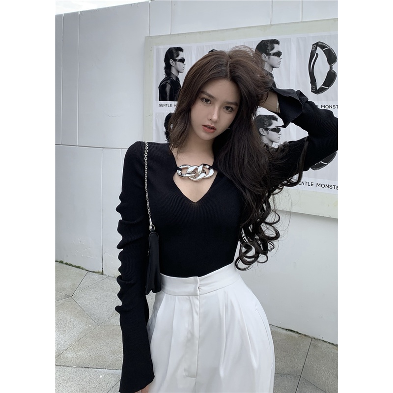 HUANG YOYO Áo Dệt Kim Đen Tay Dài Cổ Chữ V Xẻ Tà Dáng Ôm Phong Cách Hàn Quốc Thời Trang Cho Nữ