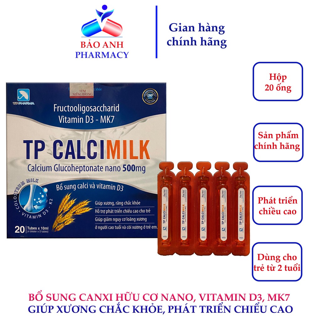 Ống bổ sung Canxi nano, canxi hữu cơ, vitamin d3 mk7, dha, sữa non giúp bé phát triển chiều cao -TP CALCI MILK Hộp 20ống