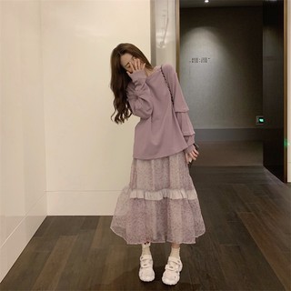 Set áo thun xẻ vạt sau lưng + Chân váy voan xòe bồng bềnh màu tím (ORDER)