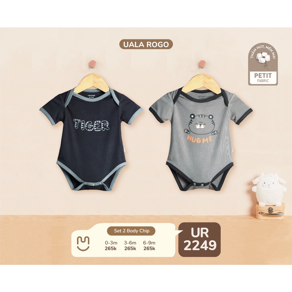 Set 2 body chip Uala Rogo chất vải Petit cao cấp mềm mịn thoáng mát ngắn tay in hổ tiger cho bé trai bé gái sơ sinh 2249