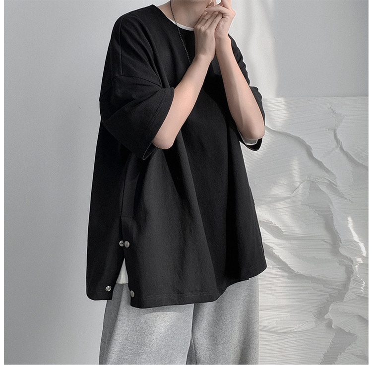 Áo Thun Tay Lỡ Unisex Xẻ Tà Cotton Thoáng Mát,Áo Phông Dáng Rộng Phối Cúc Nam Nữ Phong Cách Hàn Quốc