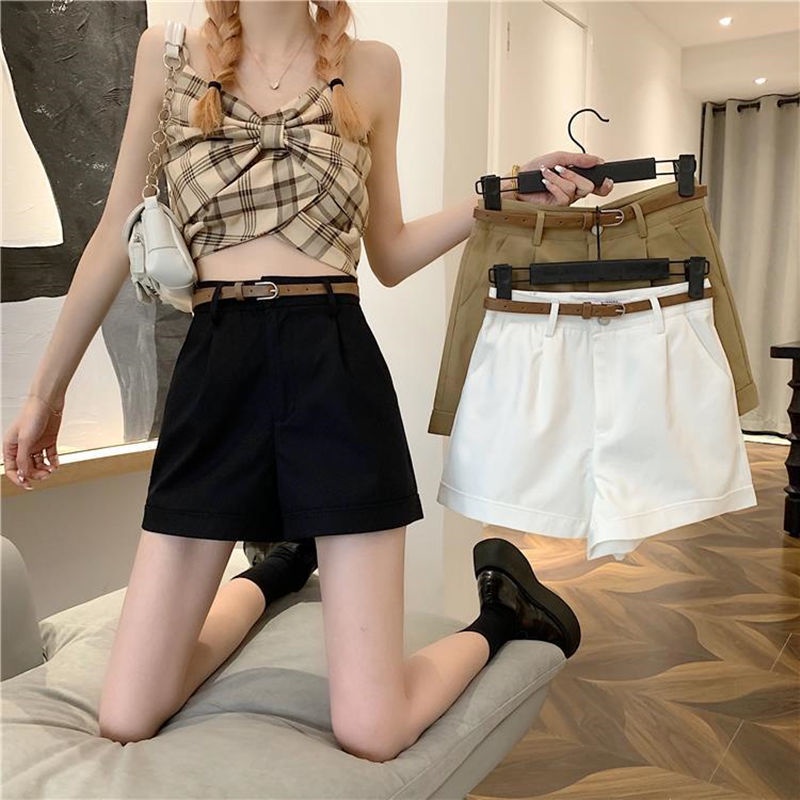 Quần soóc quần yếm cotton năm điểm của phụ nữ mùa hè lưng cao mỏng và lỏng lẻo học sinh màu đen tất cả các kết hợp quần ống rộng bình thường hợp thời trang