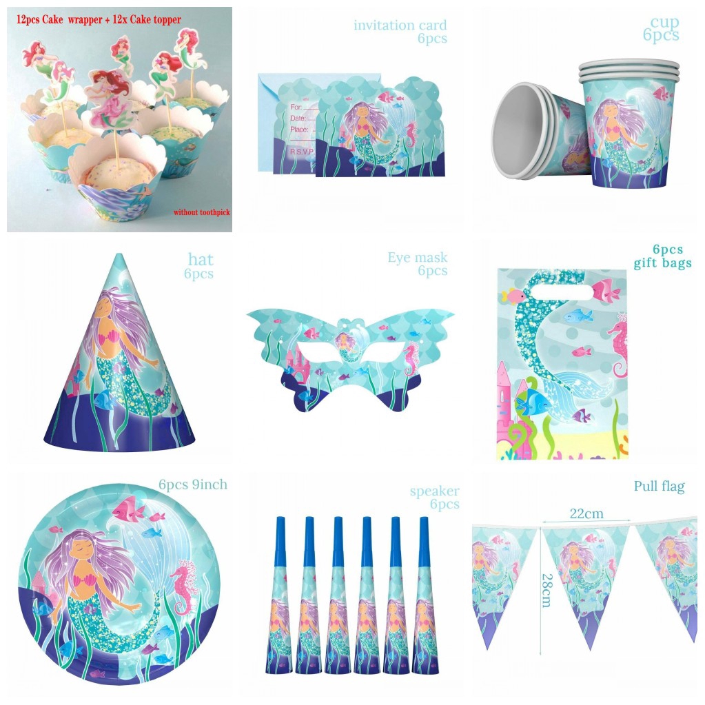 Bộ Ly, Đĩa Chủ Đề Nàng Tiên Cá Theo Phong Cách Hoạt Hình Dùng Cho Tiệc Sinh Nhật