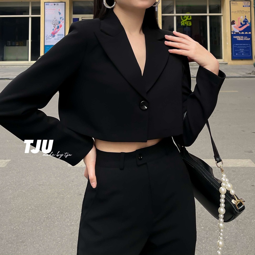 ™✣┅Áo vest nữ dáng lửng dài tay đệm vai, croptop cổ ulzzang, Hàn Quốc, thiết kế T-Ju (blazer migi)