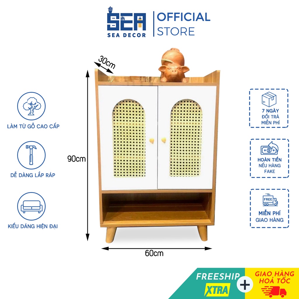 Tủ đựng giày dép gỗ SEADECOR có cánh cửa mây tre đan xuất khẩu khung gỗ MDF cao cấp phủ Melamin chống ẩm, chống bụi