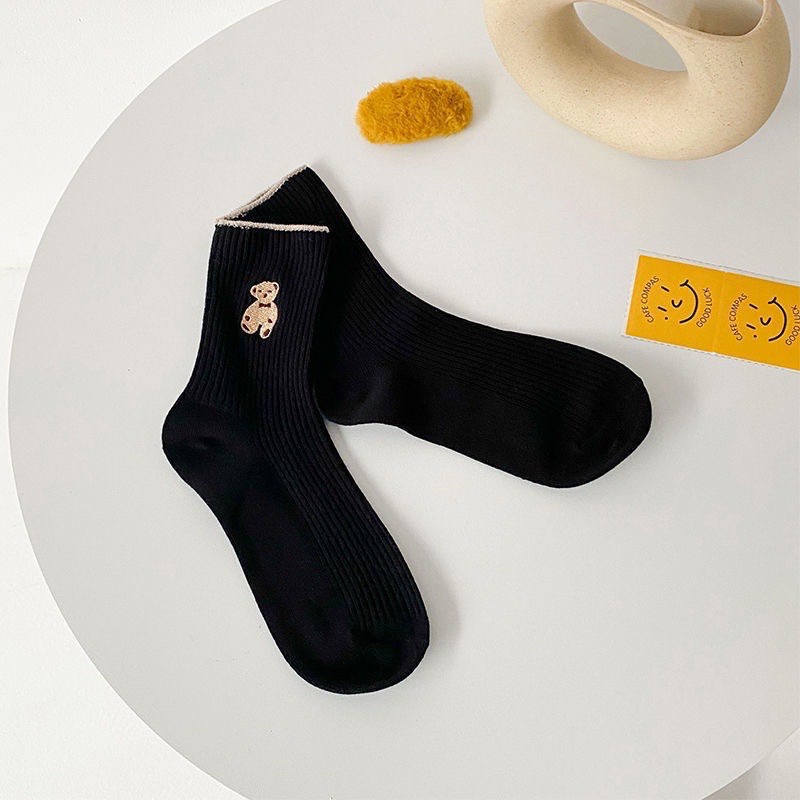 Tất bèo nữ cổ cao, vớ cổ cao vải cotton thêu hình chú Gấu Teddy phong cách thời trang Hàn Quốc - TD68 [Set 5 Đôi ]