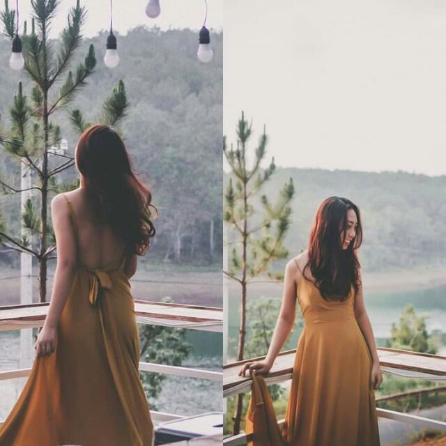 Đầm maxi vàng hở lưng