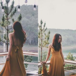 Đầm maxi vàng hở lưng
