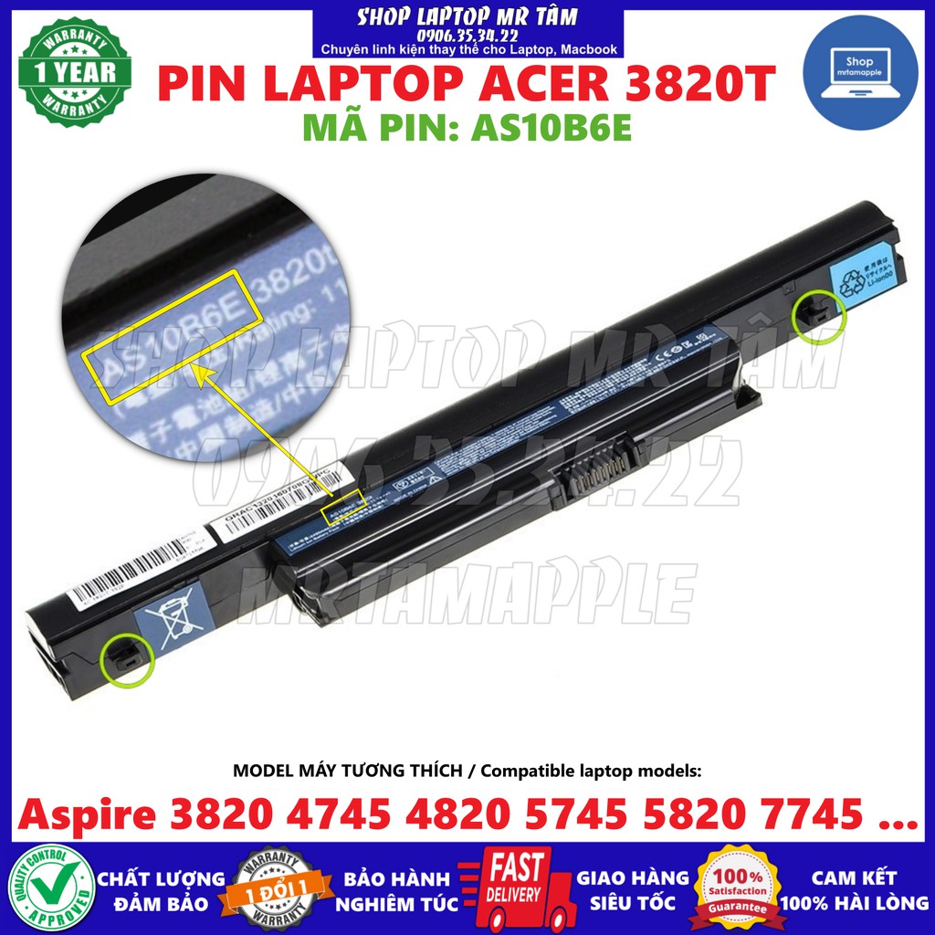 (BATTERY) Pin Laptop ACER 3820T (AS10B6E) - 6 CELL - Aspire 3820 3820G 3820T 3820TG 3820TZ 3820TZG 3820ZG 4745 4745G