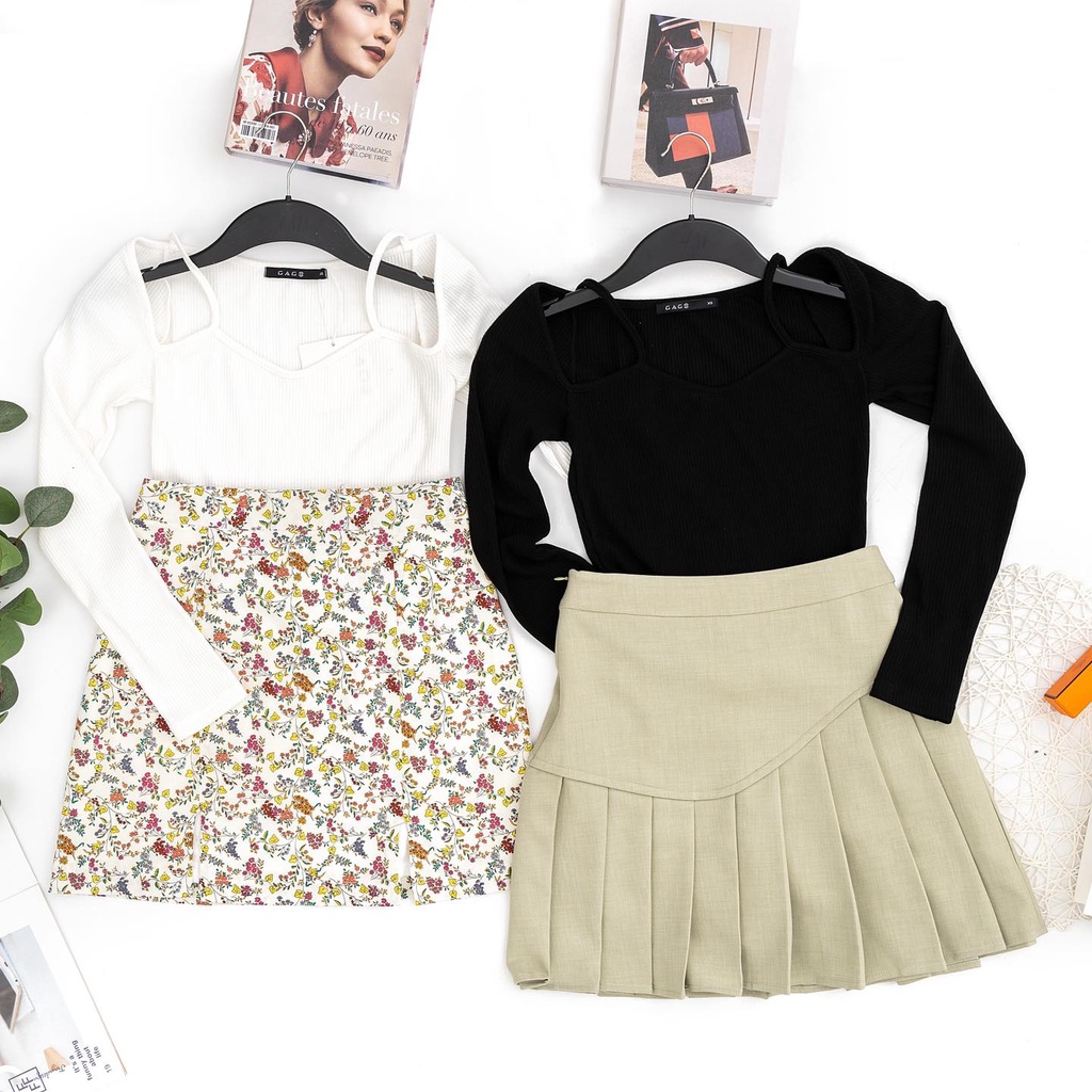 Áo kiểu thun tay dài cut out phần vai thời trang GAGO màu trắng GA3647