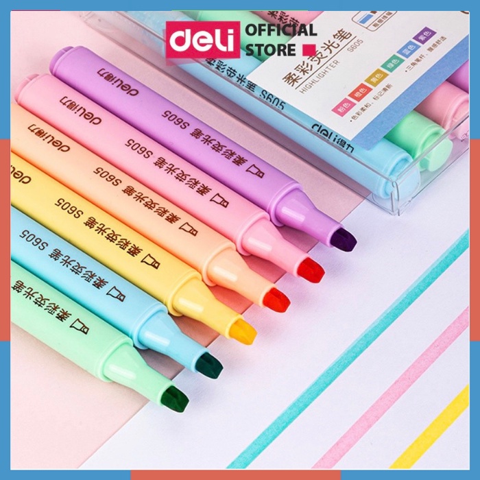 Bút highlight pastel nhớ dòng dạ quang Deli - 6 màu/ hộp- màu sắc dễ thương, viết êm tay- S605