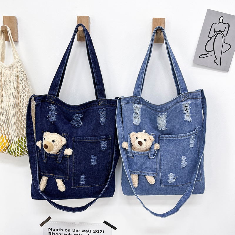 Túi Đeo Vai Vải Denim Sức Chứa Lớn Mẫu 2022 Mới In Họa Tiết Gấu Dễ Thương Cho Học Sinh