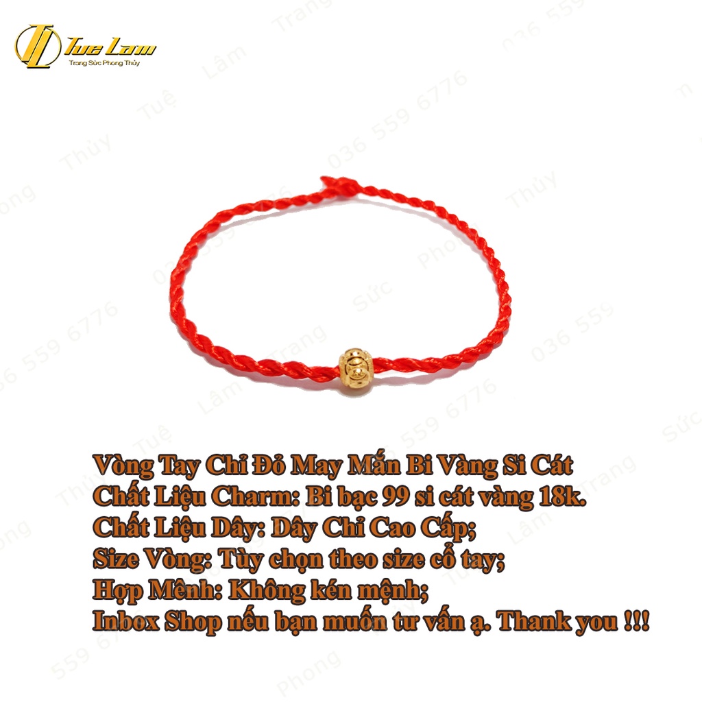 Vòng tay chỉ đỏ may mắn mix charm bi bạc si cát màu vàng - Tuệ Lâm