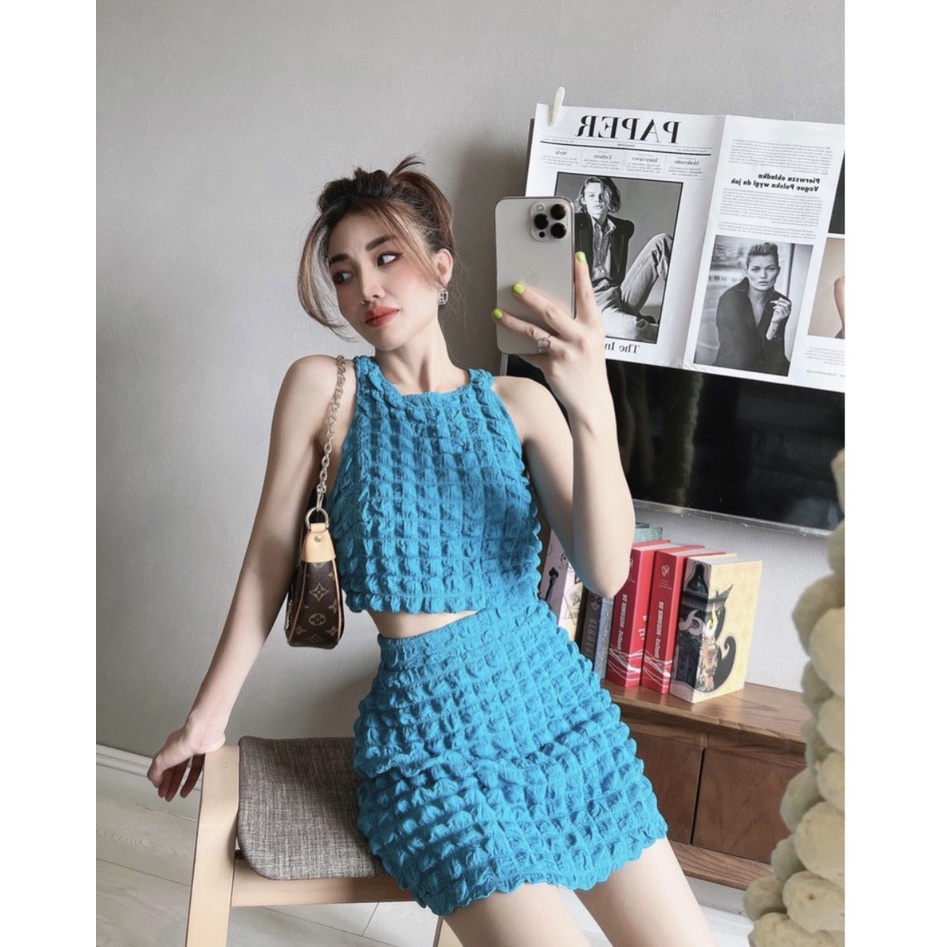 Set xốp áo croptop sát nách ôm body tôn dáng hở eo + chân váy ngắn cao ulzzang 2 màu xanh hồng