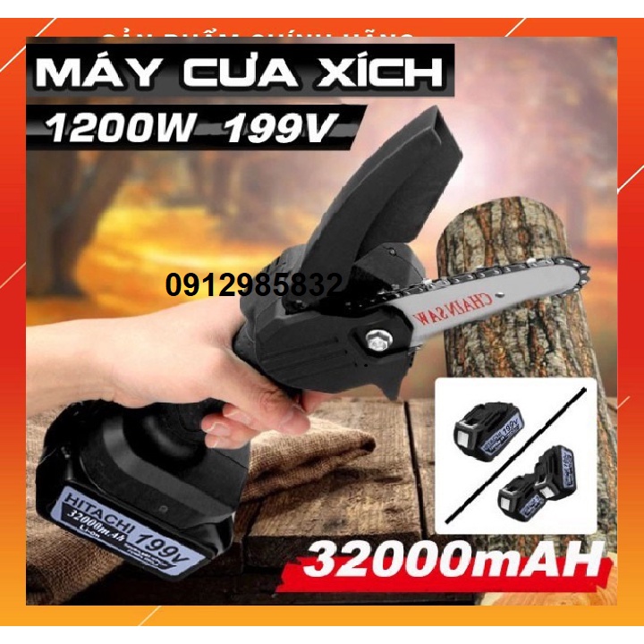 Máy cưa xích cầm tay, máy cưa mini dùng pin HITACHI 199V cưa gỗ cầm tay máy siêu khỏe siêu bền BẢO HÀNH 12 THÁNG (bảo hà