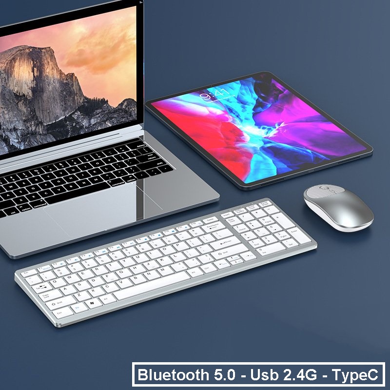 Bộ Bàn phím chuột không dây W619C - pin sạc Cổng TypeC - đa kết nối bluetooth 5.0 + 3.0 + Usb wireless 2.4g