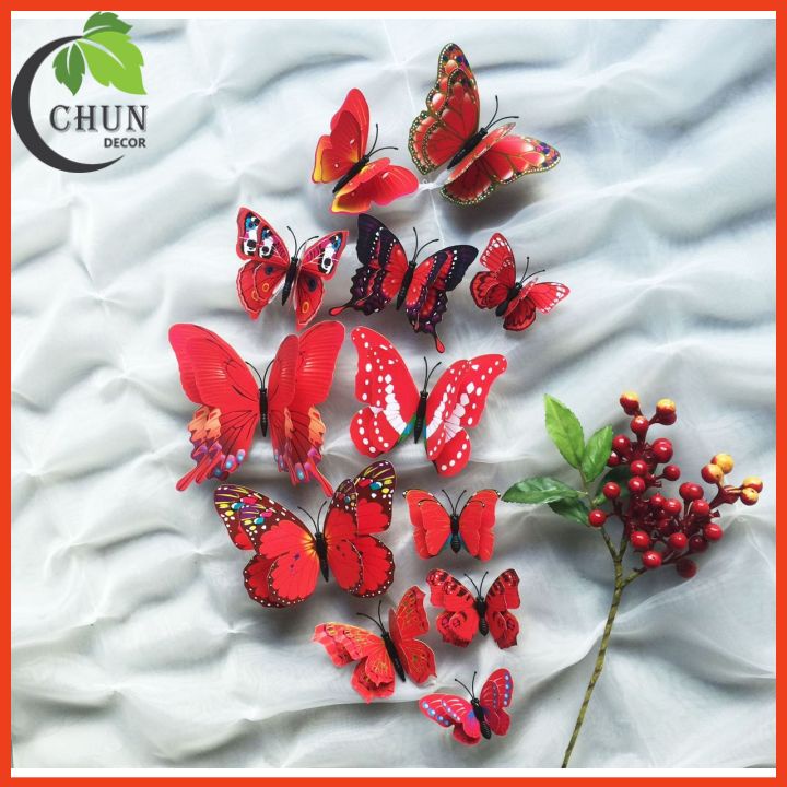 Bộ 12 decal dán tường hình bướm 3D cánh đơn, cánh kép đế nam châm trang trí cửa kính, tủ quàn áo, giỏ hoa, ảnh treo châm