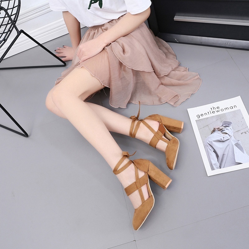 Giày cao gót sandal nữ đế thô bằng da lộn gợi cảm