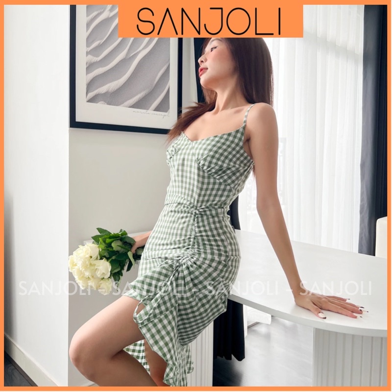 Đầm Dự Tiệc Caro SANJOLI Váy Body 2 Dây Dự Tiệc Maxi Dáng Dài Kẻ Caro Thiết Kế Hở Lưng Rút Dây Phong Cách Ulzzang VD028