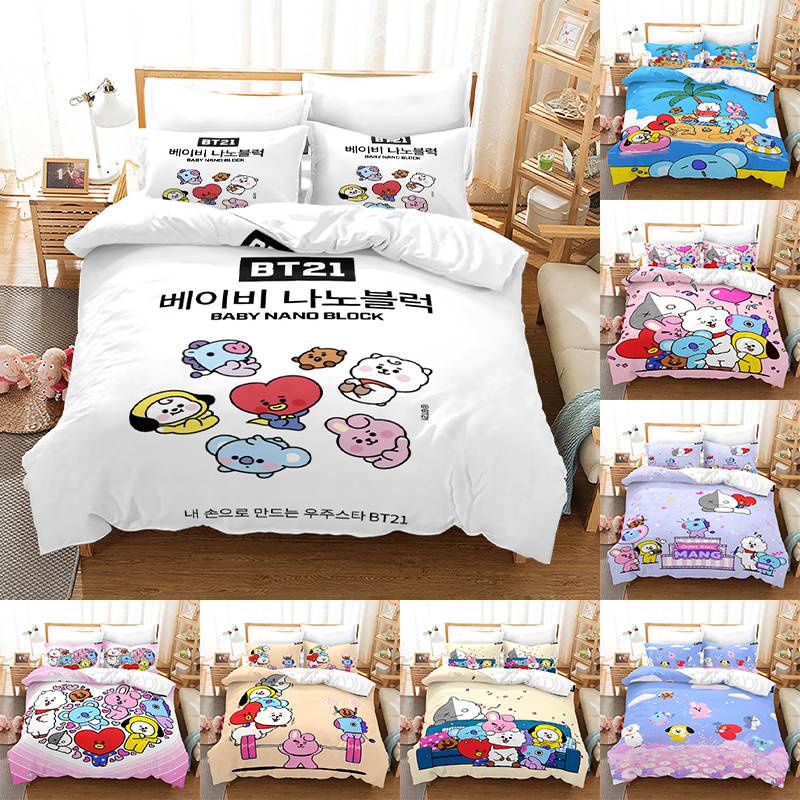 Bộ Chăn Ga Vỏ Gối 2 Trong 1 IN Hình KPOP BTS BT21 140*210cm Có Thể Giặt Rửa