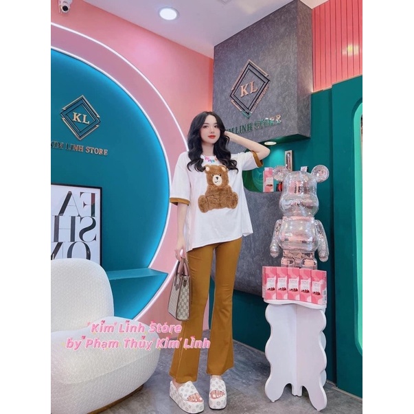 Set áo cotton phối viền cổ gấu lông quần gân hình thật