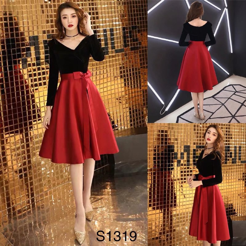 [ xả kho ] MiD Set áo đen trễ vai + chân váy đỏ thắt nơ S1319 Mie Design kèm ảnh thật