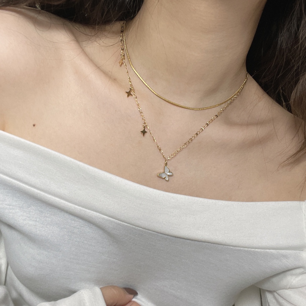 Dây Chuyền Hai Lớp Bằng Thép Titan Mặt Hình Bướm Và Ngôi Sao Thời Trang