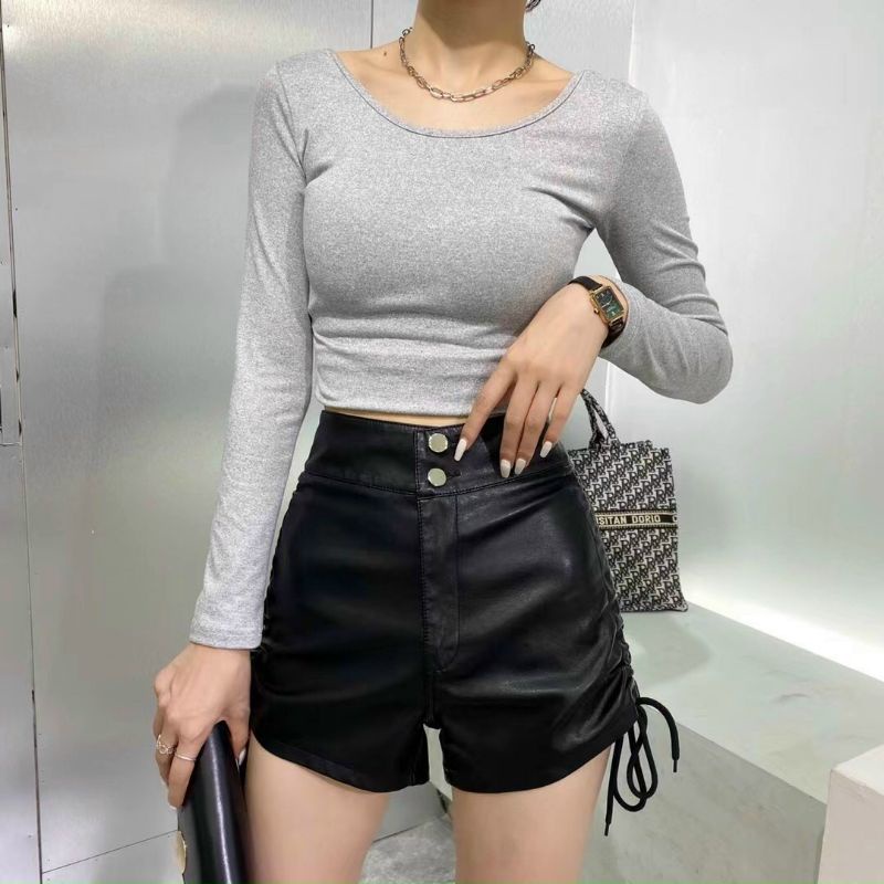 Quần sóc da 2 cúc dây rút sườn cạp siêu cao