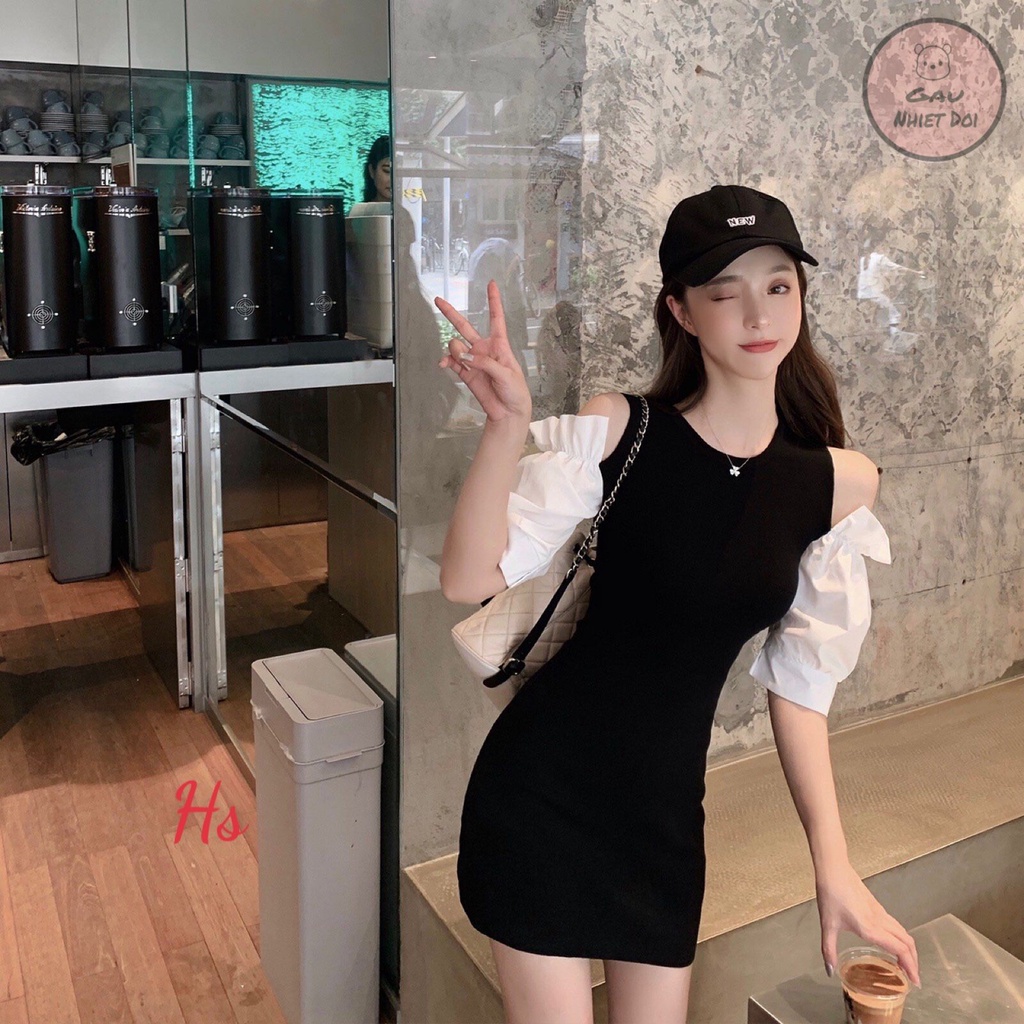 Váy Borip Phối Tay Phồng Hở Vai Kiểu Dáng Tiểu Thư Hai Freesize Màu Đen/Xám