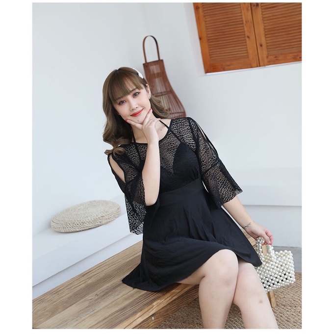 HT-bộ bơi đầm big size thun đen yếm ren đi biển size 60-70kg