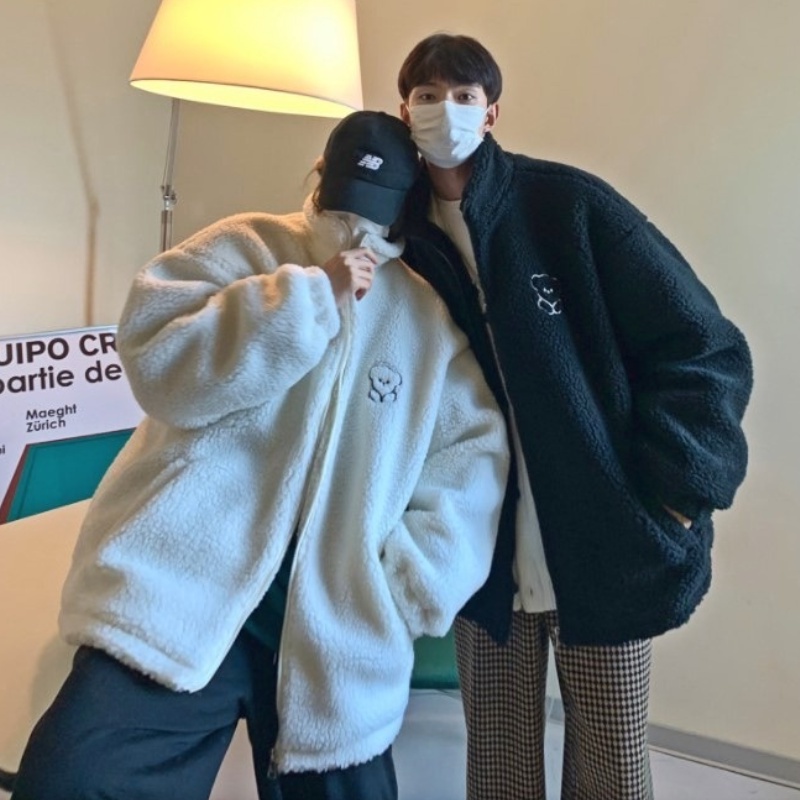 Áo khoác lông cừu dài tay có khóa kéo thời trang mùa đông cho nam nữ