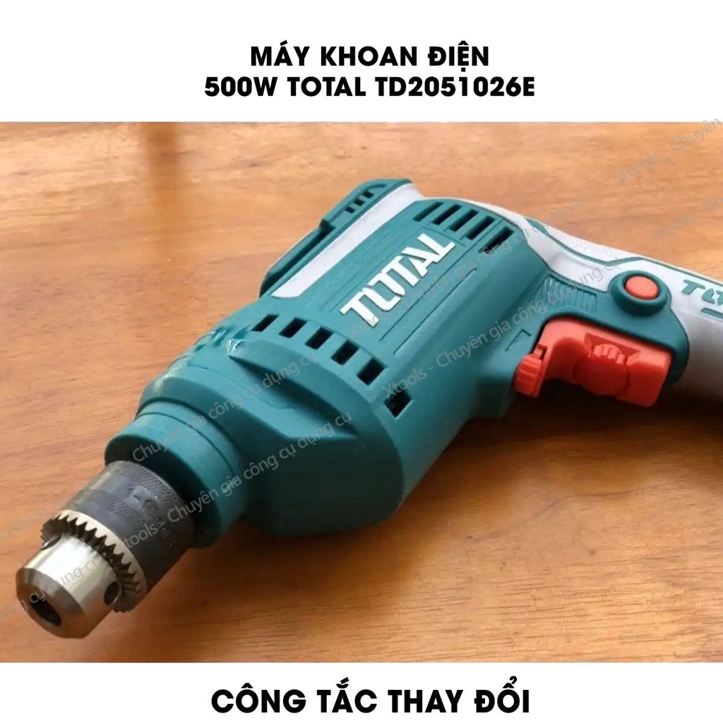 Máy khoan cầm tay TOTAL TD2051026E công suất 500w, tốc độ 3300rpm, khả năng khoan 1.0-10mm, có chỉnh tốc độ, điện áp 220