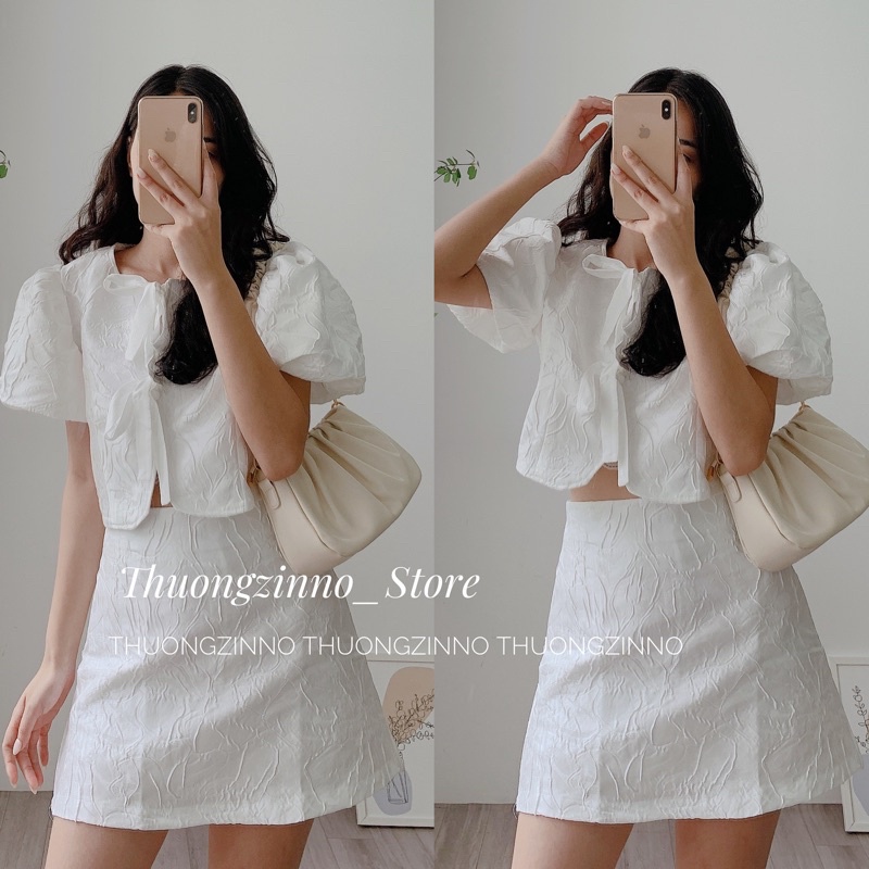 [Ảnh thật/Video]Set gấm hai nơ to tiểu thư nhẹ nhàng  Set áo kèm chân váy hàng Quảng Châu