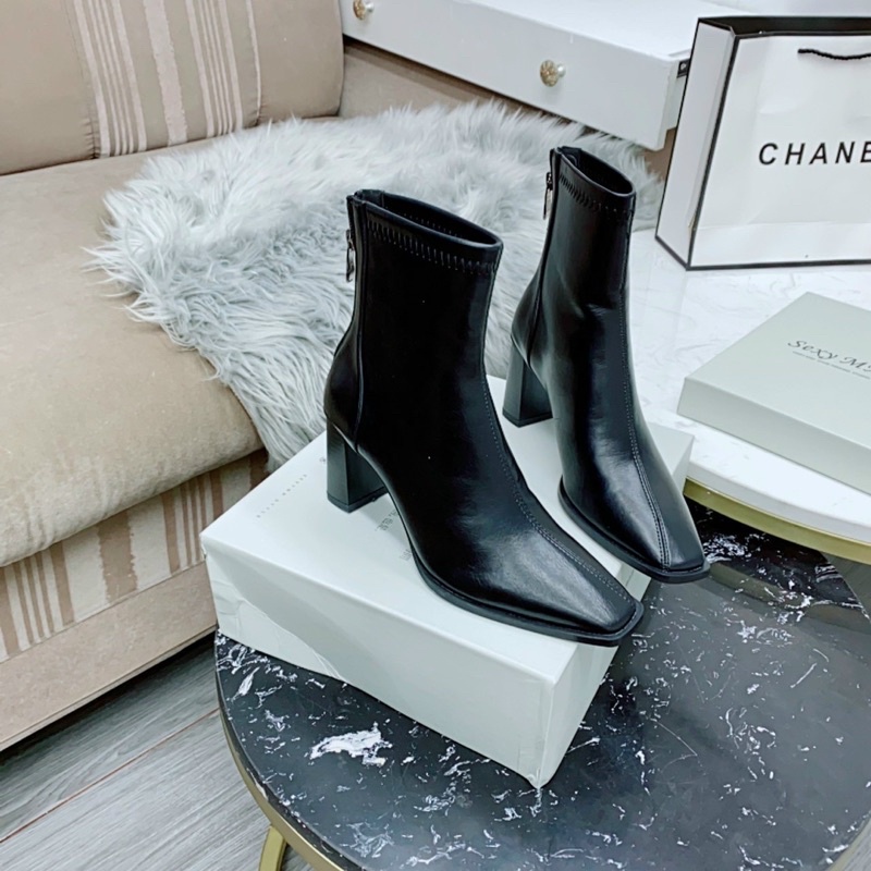 Boot lửng da mềm gót vát mũi trơn