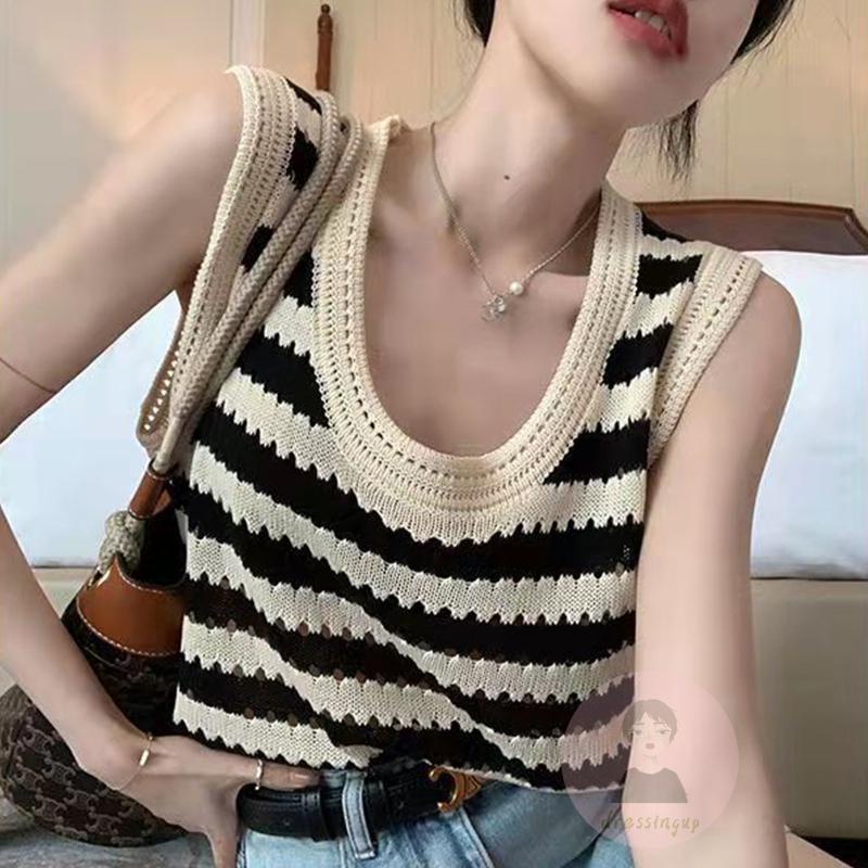 Áo Thun Ba Lỗ Không Tay Họa Tiết Sọc Màu Sắc Tương Phản Dành Cho Nữ