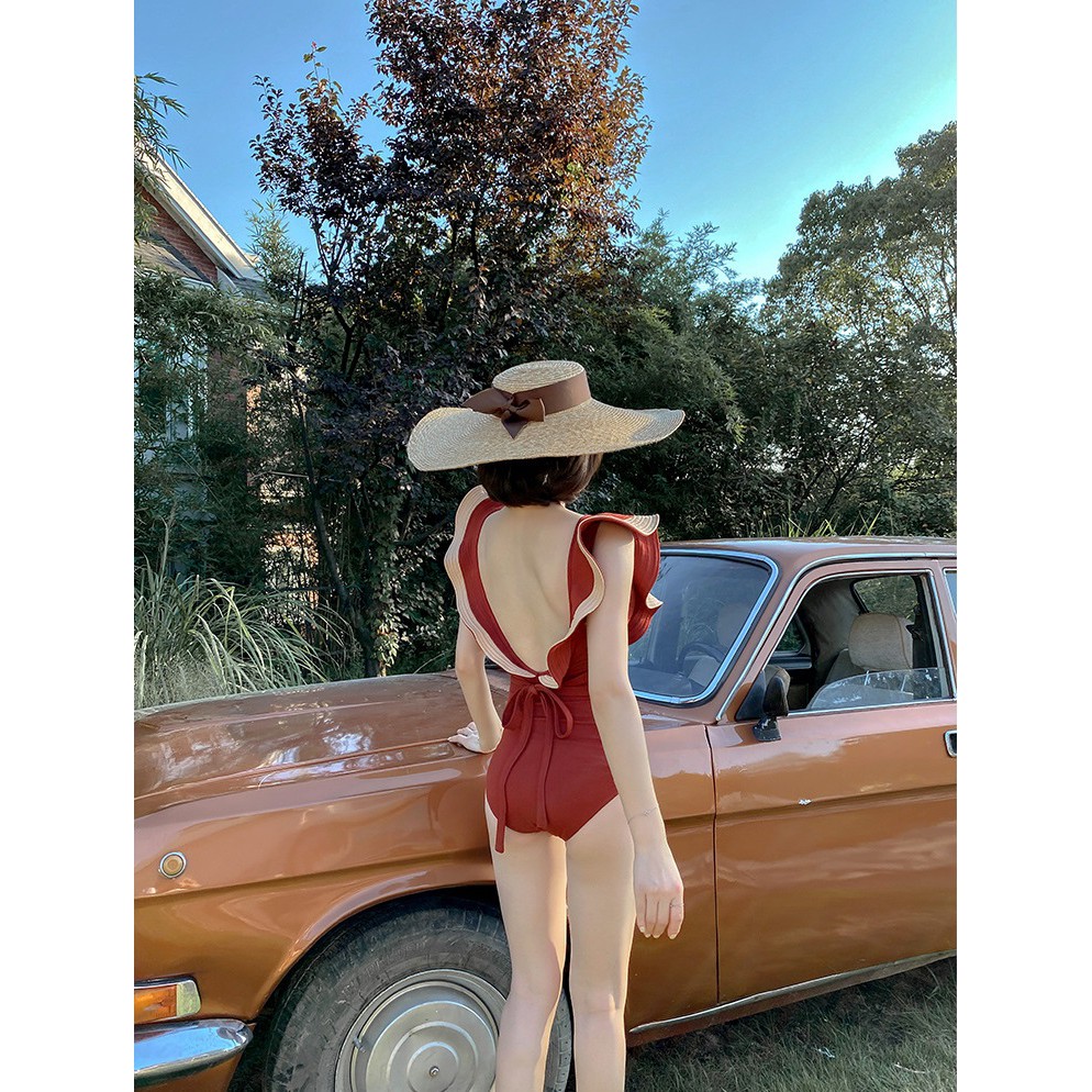 Đồ bơi nữ Bikini một mảnh SW1M038 mới sexy , cổ chữ V kiểu bèo lá sen nhấp nháy, eo cao che bụng màu đỏ rượu vang tôn da | BigBuy360 - bigbuy360.vn