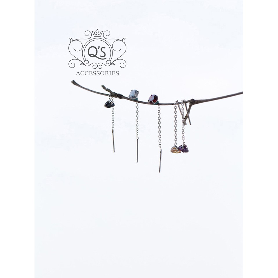 Khuyên tai bạc dài nụ đá 4 chấu bông tai sợi mảnh đen trắng S925 CHAIN Silver Earrings QA SILVER EA200701