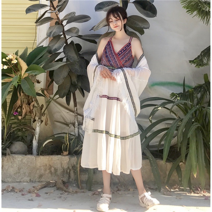 [SẴN] Váy maxi thổ cẩm mix chân trắng xòe | BigBuy360 - bigbuy360.vn