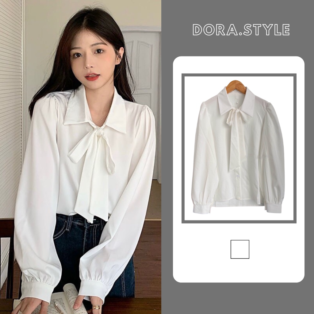 Sơ Mi Nơ Nữ Dài Tay Tay Bồng Phong Cách Vintage Hàn Quốc Dorastyle